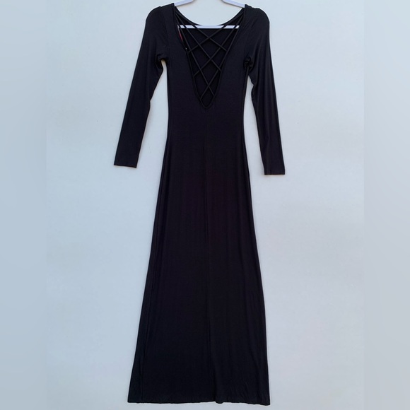 Fraiche by J Open Back Criss Cross Maxi Dress Long Sleeve Size Small | Black - Picture 3 of 13